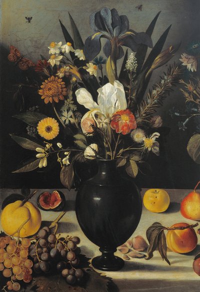 Stilleben med blommor och frukt, av Master of the Hartford Still Life, c.1600-10 (olja på duk) (detalj av 507174) av Michelangelo Merisi da Caravaggio