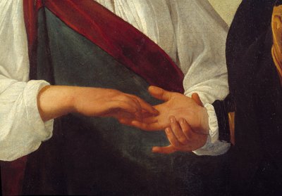 Spåkvinnan Detalj som representerar klientens hand utsträckt i kvinnans hand som läser linjerna i hans handflata. Målning av Michelangelo Merisi da Caravaggio dit Le Caravaggio (ca 1571-1610) Sön. 0,99x1,31 m av Michelangelo Merisi da Caravaggio