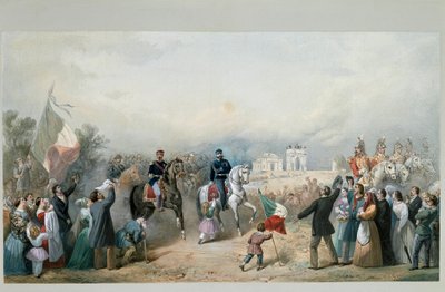Triumferande inträde av kungen av Sardinien Vittorio Emanuele II och Napoleon III i Milano den 8 juni 1859 (akvarell av Michele Bisi