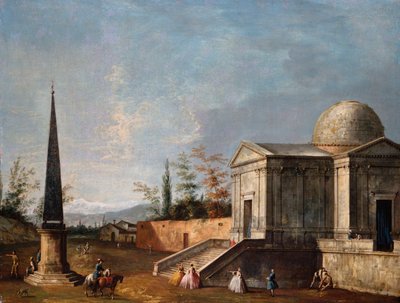 Eleganta figurer framför en kupolförsedd klassisk kyrka, en obelisk till vänster av Michele Marieschi