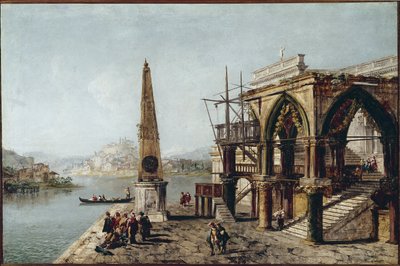 Imaginary View med Obelisk (olja på duk av Michele Marieschi