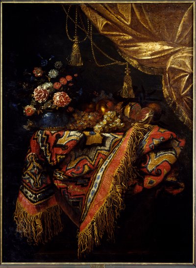 Stilleben Frukter och blommor poserade på en duk. Målning av Michelangelo Campidoglio (1610-1670) Rennes från 1600-talet, museum för konst. av Michele Pace del Campidoglio