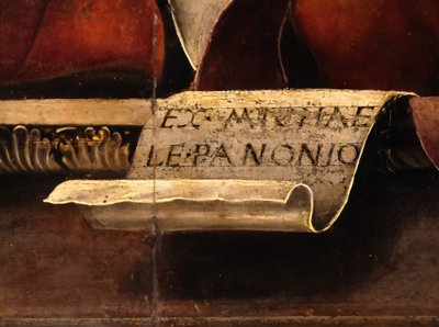 Musan Thalia, detalj, ca 1456-57 (olja och tempera på poppel) av Michele Pannonio
