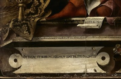 Musan Thalia, detalj, ca 1456-57 (olja och tempera på poppel) av Michele Pannonio