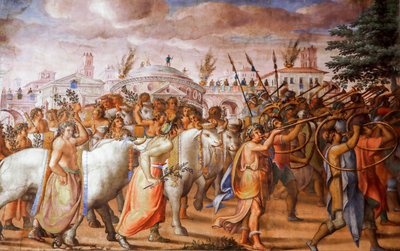 Triumf för konsuln Lucius Aemilius Paulus över Perseus, kung av Makedonien (detalj), omkring 1570 (fresk) av Michele and Rocchetti Jacopo Alberti