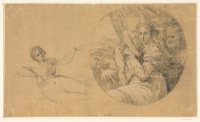 Tondo med helig familj; dessutom en studie av en liggande kvinna av Michele Sangiorgi (possibly)