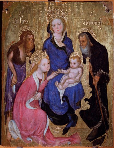 Sankta Katarinas mystiska äktenskap med de heliga Johannes Döparen och Antonius av Egypten - Målning, cirka 1420 av Michelino Molinari da (attr. to) Besozzo