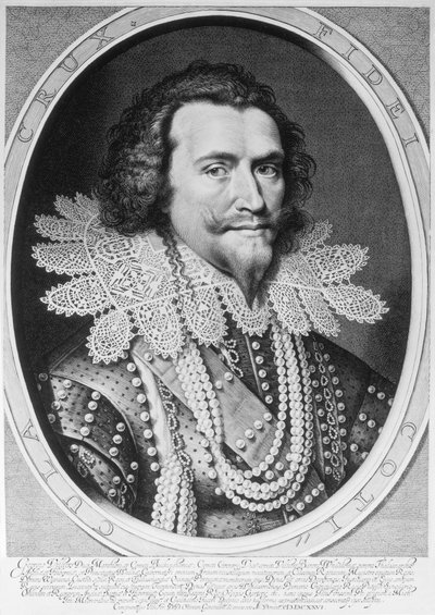 Porträtt av George Villiers, 1:e hertig av Buckingham (1592-1628) graverad av Willem Jacobsz. Delff (1580-1638) 1626 (gravyr) (bw foto) av Michiel Jansz van Miereveld