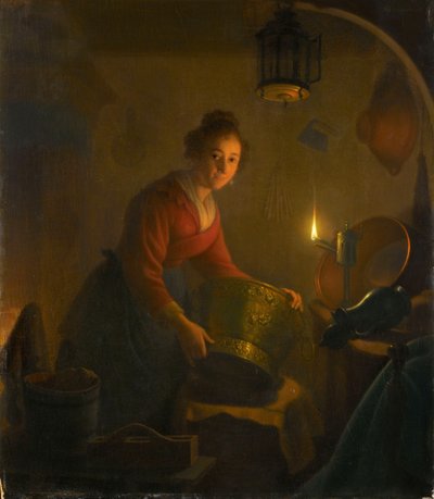 Woman in a Kitchen by Candlelight, ca 1830 (olja på panel) av Michiel Versteegh