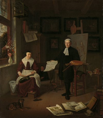 Porträtt av Michiel Comans (1614-1687), kalligraf, etsare, målare och skolmästare, med sin tredje fru Elisabeth van der Mersche av Michiel van Musscher