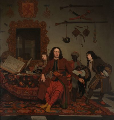 Thomas Hees och hans tjänare Thomas och syskonbarnen Jan och Andries Hees Porträtt av Thomas Hees (f. 1634/35), bosatt och kommissarie för delstaternas general till regeringarna i Alger, Tunis och Tripoli, med sina syskonbarn Jan (f. 1670/71) och Andries ( av Michiel van Musscher