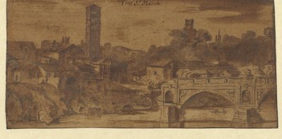 Utsikt över S. Maria i Cosmedin, Vesta-templet och Ponte S. Maria i Rom av Michiel van Overbeek
