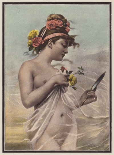 Morgonen, kvinna med en spegel (färg litho) av Mieczyslaw Reyzner