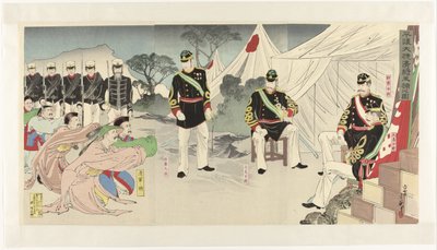 Kinesiska generaler tillfångatogs levande i Pyongyangs seger Heijô daishô Shinshô seiho no zu (titel på objekt) av Migita Toshihide