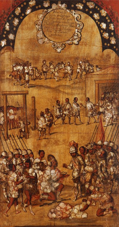 Erövringen av Mexiko, panel III, ca 1696-1715 (måla på trä) av Miguel Gonzalez