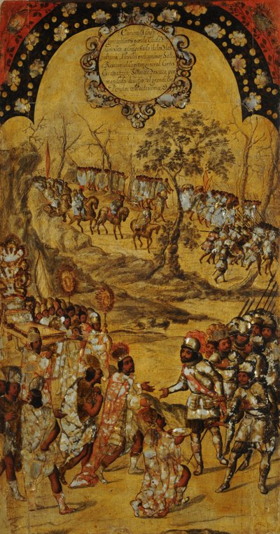 Erövringen av Mexiko, panel VIII, ca 1696-1715 (måla på trä) av Miguel Gonzalez