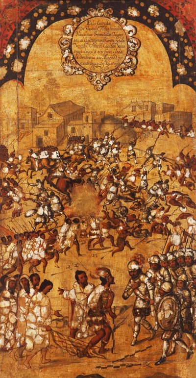 The Conquest of Mexico, Panel V, c.1696-1715 (måla på trä) av Miguel Gonzalez