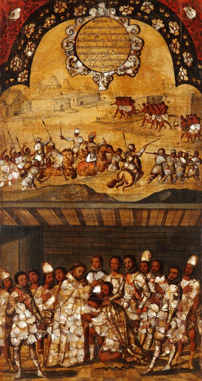 Erövringen av Mexiko, Panel XIX, ca 1696-1715 (måla på trä) av Miguel Gonzalez
