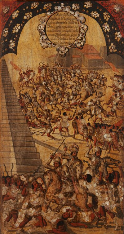 Erövringen av Mexiko, Panel XVI, c.1696-1715 (måla på trä) av Miguel Gonzalez