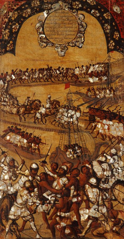The Conquest of Mexico, Panel XXI, c.1696-1715 (måla på trä) av Miguel Gonzalez
