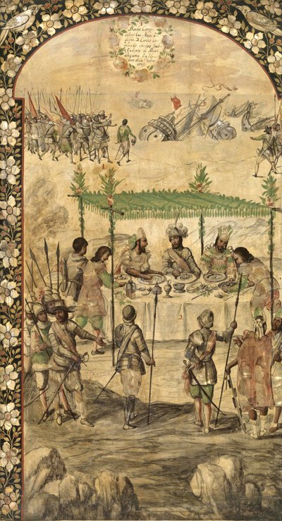 Beordrar förstörelsen av skeppen och möter ambassadörerna från Montezuma (Moctezuma, Moteuczoma, Motecuhzoma) (1466-1520) 1520 - Erövringen av Mexiko av Hernan Cortes par Gonzalez, Miguel och Juan (aktivt slutet av 1600-talet). Olja på trä, storlek: av Miguel and Juan Gonzalez