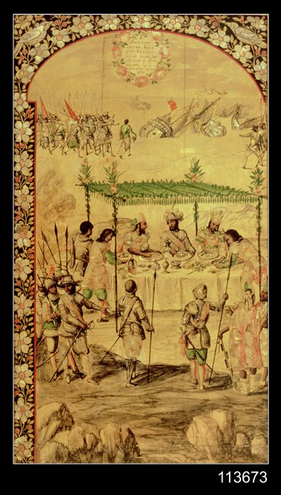 Erövringen av Mexiko: Hernando Cortes (1485-1547) beordrar förstörelsen av fartygen och träffar Montezumas ambassadörer (1466-1520) 1520 av Miguel and Juan Gonzalez