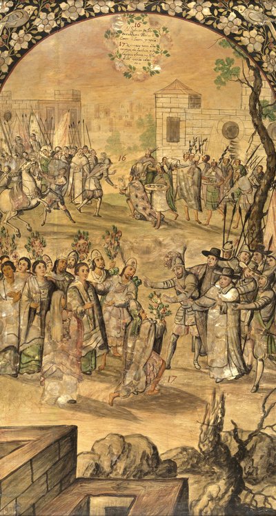 Erövringen av Mexiko av Hernan Cortes par Gonzalez, Miguel och Juan (aktiv Slutet av 1600-talet). Olja på trä, storlek: 97x53 av Miguel and Juan Gonzalez