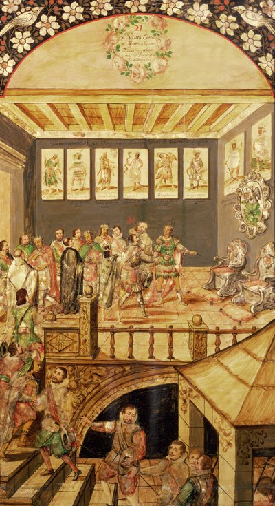 Erövringen av Mexiko: besöket av Hernando Cortes (1485-1547) i Montezuma (1466-1520) 1520, 1698 av Miguel and Juan Gonzalez