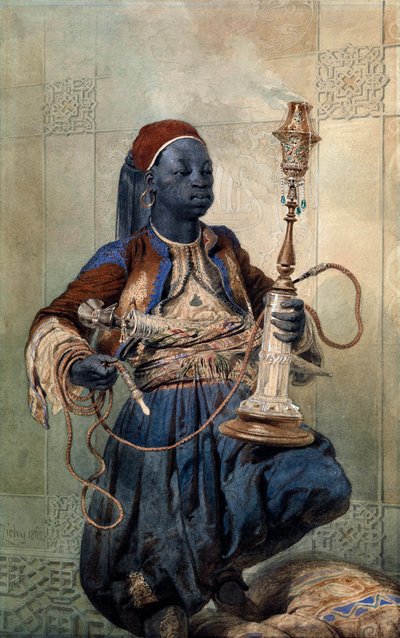 ""Porträtt av Nubian med en vattenpipa"" (Nubian med en vattenpipa) Akvarell av Mihaly Zichy (1827-1906) 1862 Dim 49,5x31 cm Privat samling av Mihaly von Zichy