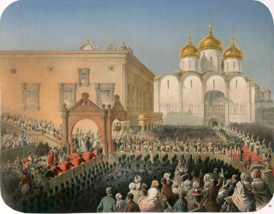 Procession av tsarina Alexandra Feodorovna till katedralen i Dormition, Moskva, 1856 av Mihaly von Zichy