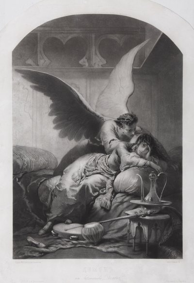 Tamara och Demon. Illustration till dikten Demonen av Mikhail Lermontov, ca. 1880 av Mihaly von Zichy