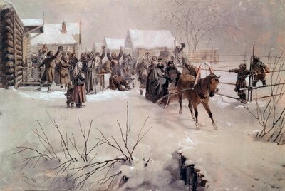 Tsar Alexander II (1818-1881) i en släde korsar en by under snö Akvarell av Mihaly von Zichy (1827-1906) 1800-talets Sankt Petersburg, Chateau de Peterhof av Mihaly von Zichy