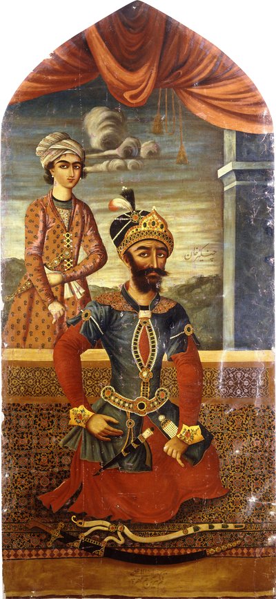 Porträtt av Djingis Khan, med en närvarande ungdom, c.1803-4 av Mihr Ali