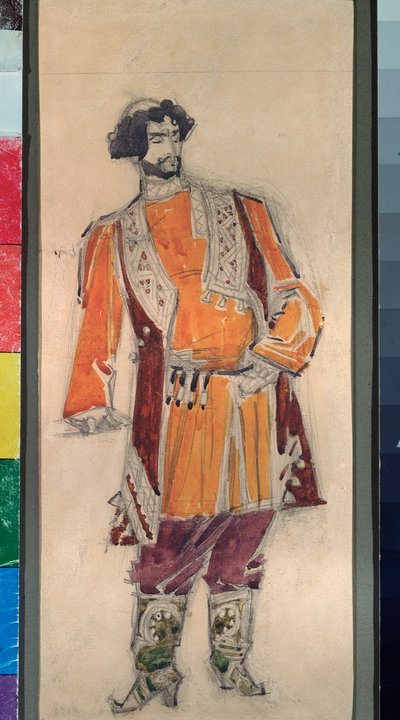 Manlig förberedande kostym för operan ""Tsarens brud"" av Nicholas (Nikolai) Rimsky Korsakov (Rimsky-Korsakov) (1844-1908) (Dräktdesign för operan Tsarens brud av N Rimsky Korsakov (Rimsky) -Korsakov) - Verk av Mikhail Alexander av Mikhail Aleksandrovich Vrubel