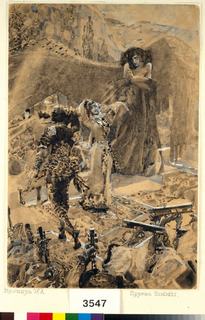 Tamaras dans - Illustration från dikten ""The Demon"" av Mikhail Lermontov (1814-1841) - Konstverk av Mikhail Alexandrovich Vrubel (Vrubel) (1856-1910) av Mikhail Aleksandrovich Vrubel