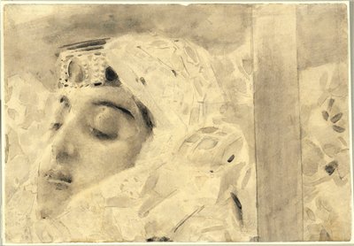 Tamara i en kista - Illustration från dikten ""The Demon"" av Mikhail Lermontov (1814-1841) - Konstverk av Mikhail Alexandrovich Vrubel (Vrubel) (1856-1910) av Mikhail Aleksandrovich Vrubel