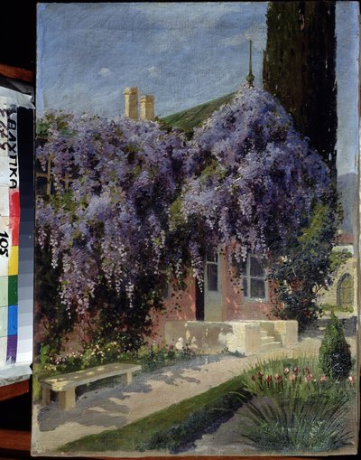 Ett hus sammanflätat med blåregn. Målning av Mikhail Alexandrovich Alisov (1859-1933). Olja på duk, 62,3 x 44,4 cm. Ryska skolan tidigt 1900-tal. Museum of Architecture and Art, Alupka, Ukraina. ©FineArtImage/Leemage av Mikhail Alexandrovich Alisov