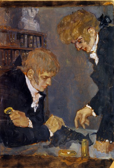 Frederic Georges Cuvier (1773-1838) och Etienne Geoffroy Saint Hilaire (1819-1842) (F. G. Cuvier och E. G. Saint Hilaire). De två forskarna observerar liket av ett djur. Verk av Mikhail Dmitrievich Ezuchevsky (1880-1928), olja på papper av Mikhail Dmitrievich Ezuchevsky