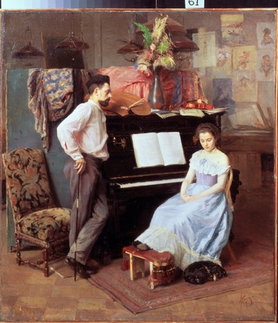 ""Konstnären och hans fru"" Den unga kvinnan med sänkta ögon sitter vid pianot under sin mans blick. Målning av Mikhail Ignatiev (1870-1934) circa 1900 Regional Art Gallery, Vologda av Mikhail Ignatiev