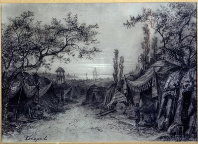Förberedande dekor för operan ""Prince Igor"" av Alexandre Borodin (1833-1887) (Scenografi för operan ""Prince Igor"" av A.Borodin). Ett militärt läger av tält, inramat av träd, med tre figurer, inklusive en musiker. Konstverk av Mikhail Ily av Mikhail Ilyich Bocharov