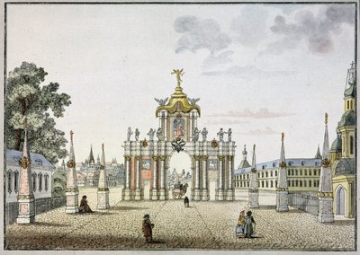 Röda dörrarna i Moskva. (Röda portarna i Moskva). Barock triumfbåge, byggd på 1700-talet, riven 1928. Verk av Mikhail Ivanovich Makhaev (1718-1770), akvarell och tusch på papper, cirka 1790. Rysk konst av Mikhail Ivanovich (after) Makhaev