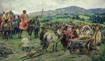 Assisterar ledaren för bonderevolten, Emelyan Pugachev, i Ural (olja på duk) av Mikhail Ivanovich Avilov