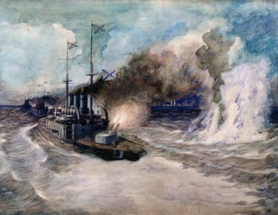Sjöstriden mellan Svartahavsflottan och den tyska pansarkryssaren Goeben den 5 november 1914 - Konstverk av Mikhail Mikhailovich Semyonov ( av Mikhail Mikhailovich Semyonov