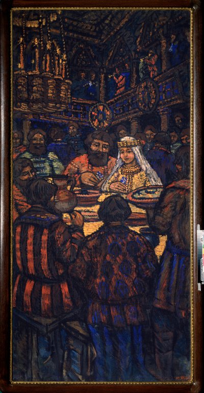 The Wedding of the Grand Duke Vladimir I Svyatoslavich (känd som den stora eller röda solen, 958-1015) (The Wedding of the Grand Duke Vladimir I Svyatoslavich) Bröllopsbankettscen - Målning av Mikhail Nikolayevich Yakovlev (1880-1942), olja på duk, cirka 1 av Mikhail Nikolayevich Yakovlev