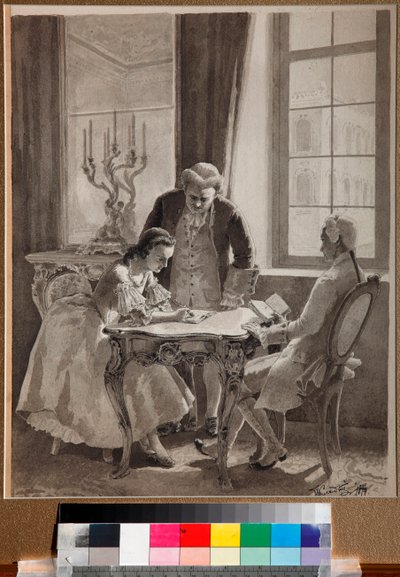 ""Kejsarinnan Katarina II:s ryska språklektion (1729-1796)" (Lektion av kejsarinnan Katarina II:s ryska) Penna- och bläckteckning av Mikhail Klodt (1835-1914) av Mikhail Petrovich Klodt