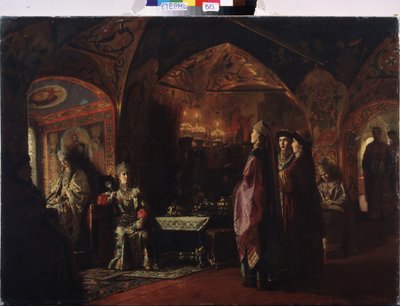 Tsarinas boning (Tsarevnas boning). Komposition på temat gamla Ryssland, traditionell dräkt och dekoration av furstendömet Moskva. Målning av baron Mikhail Petrovich Klodt (1835-1914), olja på duk av Mikhail Petrovich Klodt