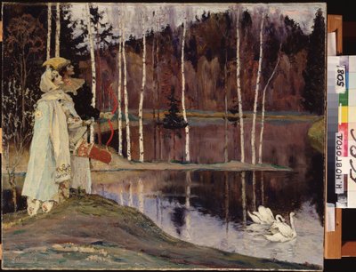 Dubbel harmoni. Ett par i kostym och teatralisk make-up tittar på himlen nära en sjö där ett par svanar simmar lugnt. Målning av Mikhail Vasilyevich Nesterov (1862-1942), olja på duk av Mikhail Vasilievich Nesterov