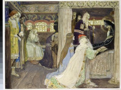 Storhertig Alexander Nevskijs död (1220-1263). (Den storhertig Alexander Nevskijs död). Verk av Mikhail Vasilyevich Nesterov (1862-1942), akvarell och gouache på papper av Mikhail Vasilievich Nesterov