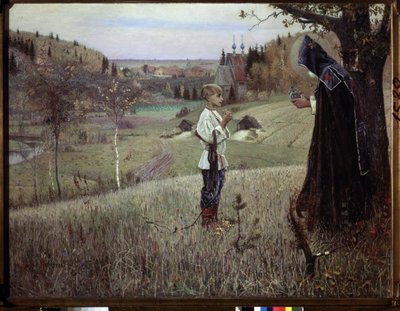 Den unge Barthelemys vision. (The Vision of the Youth Bartholomew). Mötet mellan en munk och den unge ryske Barthelemy (som skulle bli Saint Serge de Radonege eller Sergii Radonezhsky eller Sergey Radonezhsky eller Sergius de Radonezhsky, omkring 1313-1392 av Mikhail Vasilievich Nesterov
