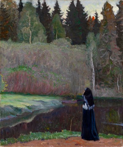""Le chant du rossignol"" (Näktergalen sjunger) En nunna som lyssnar på fågelsång - Målning av Mikhail Vasilyevich Nesterov (1862-1942) 1918 Dim 81x68,5 cm Privat samling av Mikhail Vasilievich Nesterov